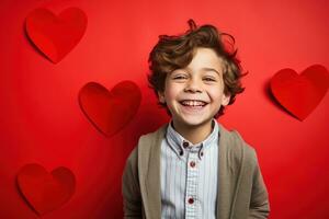 AI generated Happy little boy with red hearts on Valentine's Day. photo