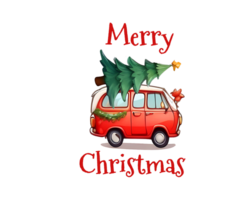 AI generated Red car pick up pine tree with Merry christmas conept. png