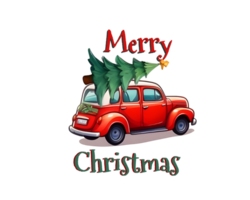 AI generated Red car pick up pine tree with Merry christmas conept. png