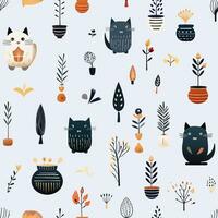 Cute seamless cat art decorated with potted plants. vector