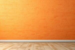 AI generated wood floor with orange brick wall with lighting pattern texture background photo