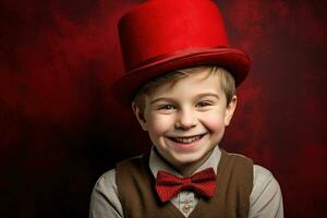 ai generado contento pequeño chico con rojo corazones en San Valentín día. foto