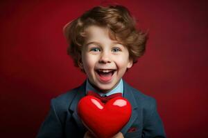 ai generado contento pequeño chico con rojo corazones en San Valentín día. foto