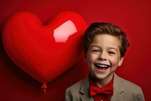 ai generado contento pequeño chico con rojo corazones en San Valentín día. foto