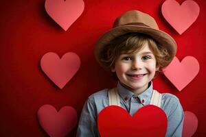 ai generado contento pequeño chico con rojo corazones en San Valentín día. foto