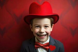 ai generado contento pequeño chico con rojo corazones en San Valentín día. foto