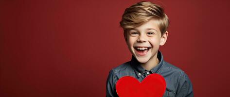 AI generated Happy little boy with red hearts on Valentine's Day. photo