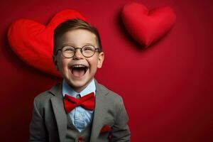 ai generado contento pequeño chico con rojo corazones en San Valentín día. foto