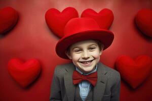 ai generado contento pequeño chico con rojo corazones en San Valentín día. foto