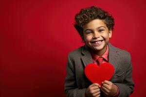 AI generated Happy little boy with red hearts on Valentine's Day. photo