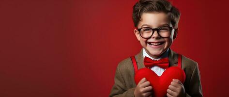 AI generated Happy little boy with red hearts on Valentine's Day. photo