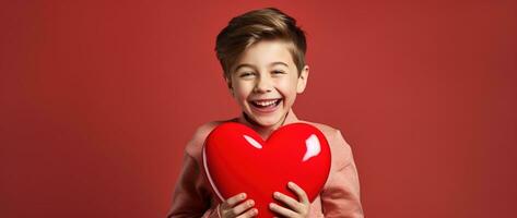 AI generated Happy little boy with red hearts on Valentine's Day. photo