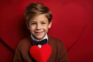 ai generado contento pequeño chico con rojo corazones en San Valentín día. foto