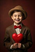 ai generado contento pequeño chico con rojo corazones en San Valentín día. foto