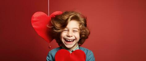 AI generated Happy little boy with red hearts on Valentine's Day. photo