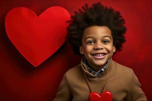 AI generated Happy little boy with red hearts on Valentine's Day. photo