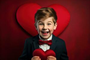 ai generado contento pequeño chico con rojo corazones en San Valentín día. foto