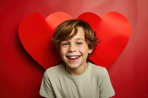 ai generado contento pequeño chico con rojo corazones en San Valentín día. foto