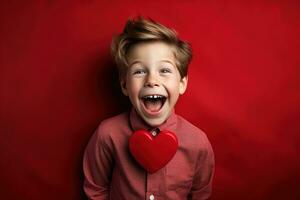 ai generado contento pequeño chico con rojo corazones en San Valentín día. foto