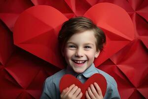 ai generado contento pequeño chico con rojo corazones en San Valentín día. foto