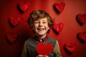 ai generado contento pequeño chico con rojo corazones en San Valentín día. foto