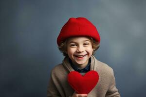 ai generado contento pequeño chico con rojo corazones en San Valentín día. foto