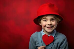 ai generado contento pequeño chico con rojo corazones en San Valentín día. foto