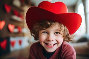 ai generado contento pequeño chico con rojo corazones en San Valentín día. foto