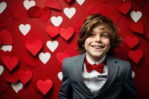 ai generado contento pequeño chico con rojo corazones en San Valentín día. foto