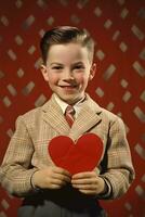 AI generated Happy little boy with red hearts on Valentine's Day. photo