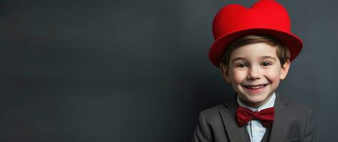 AI generated Happy little boy with red hearts on Valentine's Day. photo
