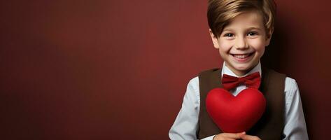 ai generado contento pequeño chico con rojo corazones en San Valentín día. foto