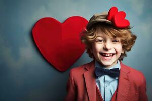 ai generado contento pequeño chico con rojo corazones en San Valentín día. foto