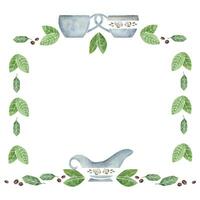 Watercolor hand drawn border frame porcelain and gold coffee cups, roasted beans, green leaves, creamer. Isolated on white background For invitations, cafe, restaurant food menu, print, website, cards vector