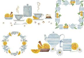 Watercolor hand drawn illustration. Teaware, tea lemon cinnamon dishes package. Set of compositions. Isolated on white background. For invitations, cafe, restaurant food menu, print, website, cards vector