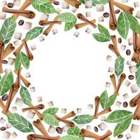 Watercolor hand drawn circle frame wreath with coffee leaves, beans, sugar cubes, cinnamon stick spice. Isolated on white background. For invitations, cafe, restaurant food menu, print, website, cards vector