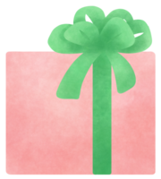 pink gift box and big green ribbon, hand-drawn painting png