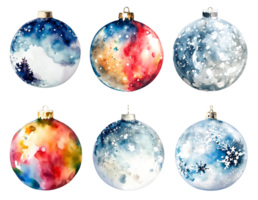 AI generated collection of Christmas ornament balls, snowy scene paint, watercolor png