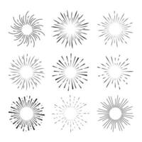 Set Fireworks, rays, sunburst frames circle border decoration, sparkle in doodle style, line sketch explosion isolated on white background. Vector illustration