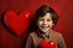 ai generado contento pequeño chico con rojo corazones en San Valentín día. foto