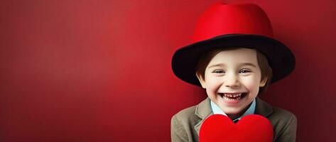 ai generado contento pequeño chico con rojo corazones en San Valentín día. foto