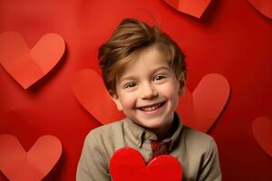 ai generado contento pequeño chico con rojo corazones en San Valentín día. foto