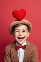 AI generated Happy little boy with red hearts on Valentine's Day. photo