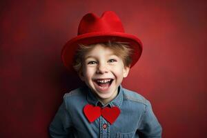 ai generado contento pequeño chico con rojo corazones en San Valentín día. foto