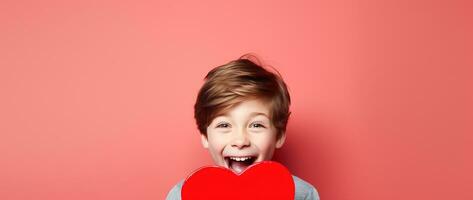 ai generado contento pequeño chico con rojo corazones en San Valentín día. foto