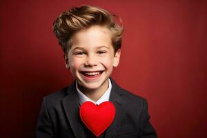 ai generado contento pequeño chico con rojo corazones en San Valentín día. foto