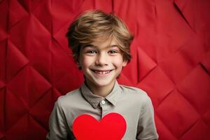 AI generated Happy little boy with red hearts on Valentine's Day. photo