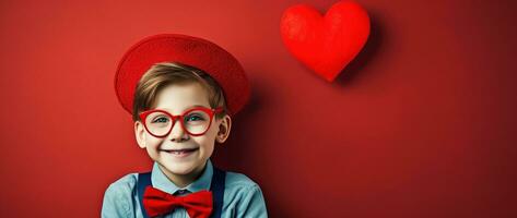 AI generated Happy little boy with red hearts on Valentine's Day. photo