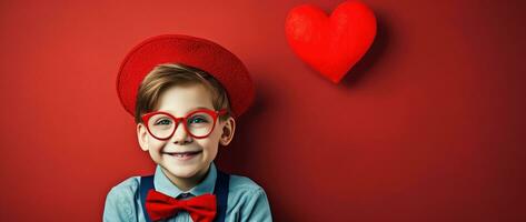 ai generado contento pequeño chico con rojo corazones en San Valentín día. foto