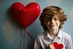 ai generado contento pequeño chico con rojo corazones en San Valentín día. foto